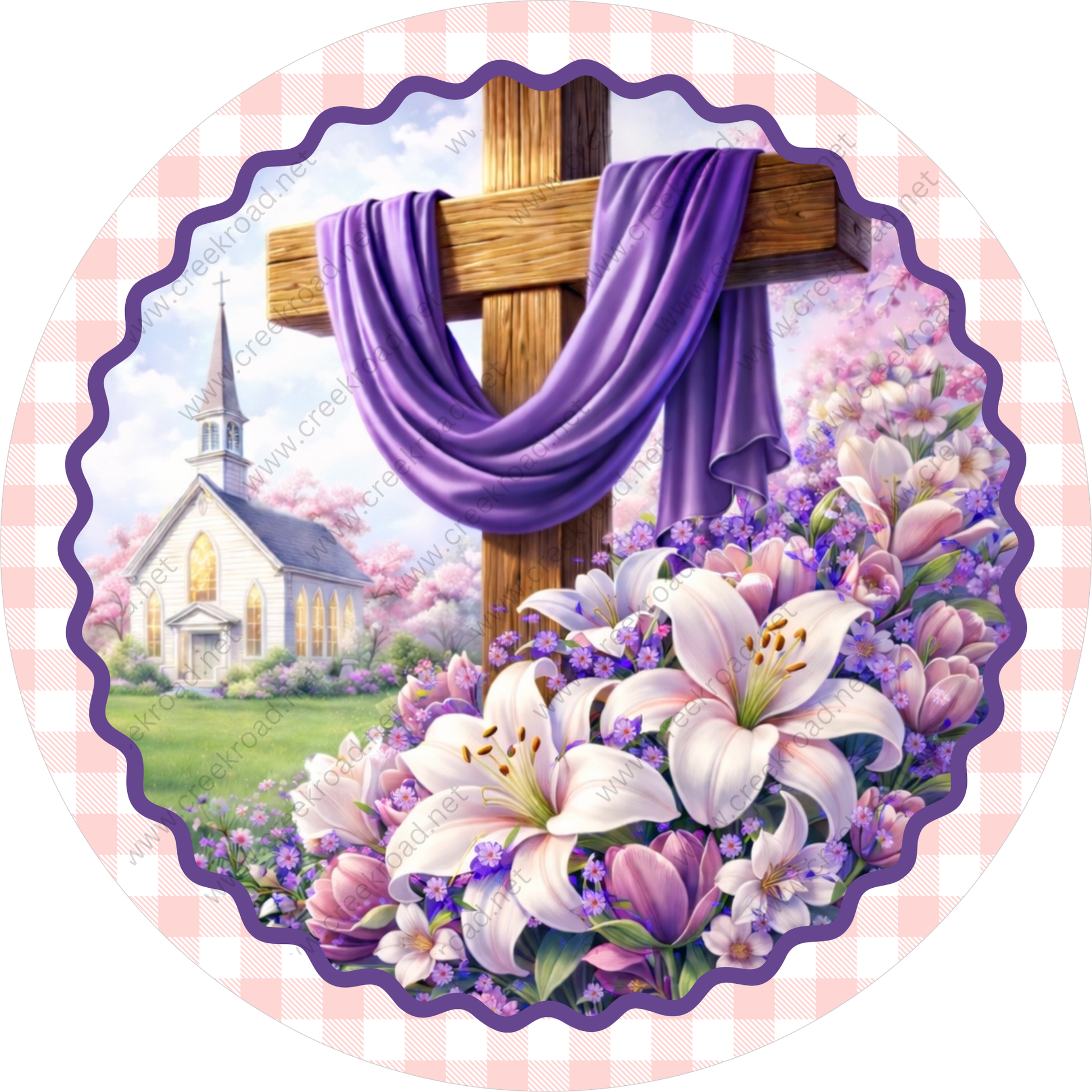 A wooden cross draped with a purple cloth is surrounded by a vibrant display of pink and purple flowers, with a church steeple visible in the background.