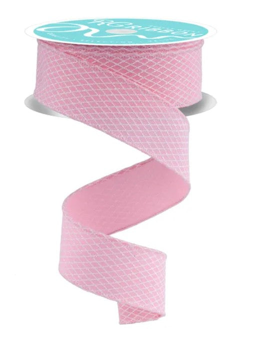 A pink, diamond-patterned ribbon is shown, with the ribbon winding around itself in a spiral pattern.