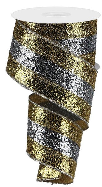 A spiral-shaped ribbon with a metallic, glittery texture in gold and silver colors.