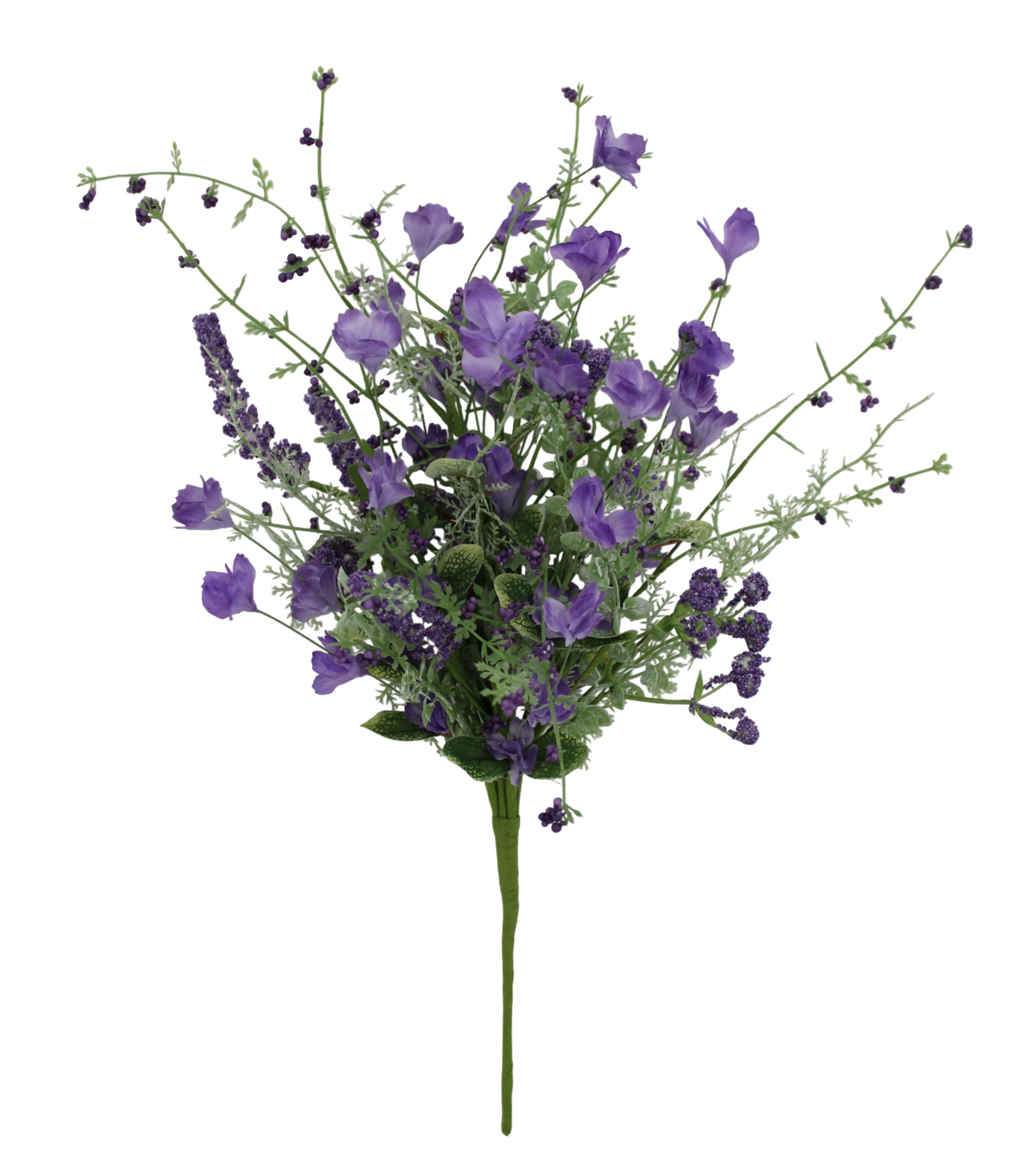 A bouquet of purple flowers with green stems and leaves against a black background.