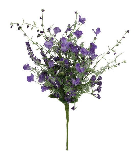 A bouquet of purple flowers with green stems and leaves against a black background.