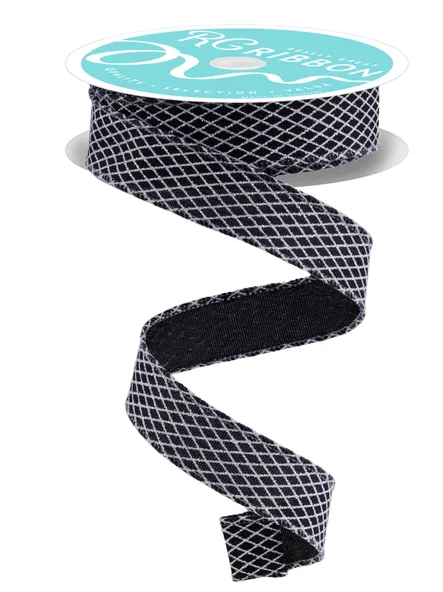 A spool of black and white checkered ribbon with a turquoise label.