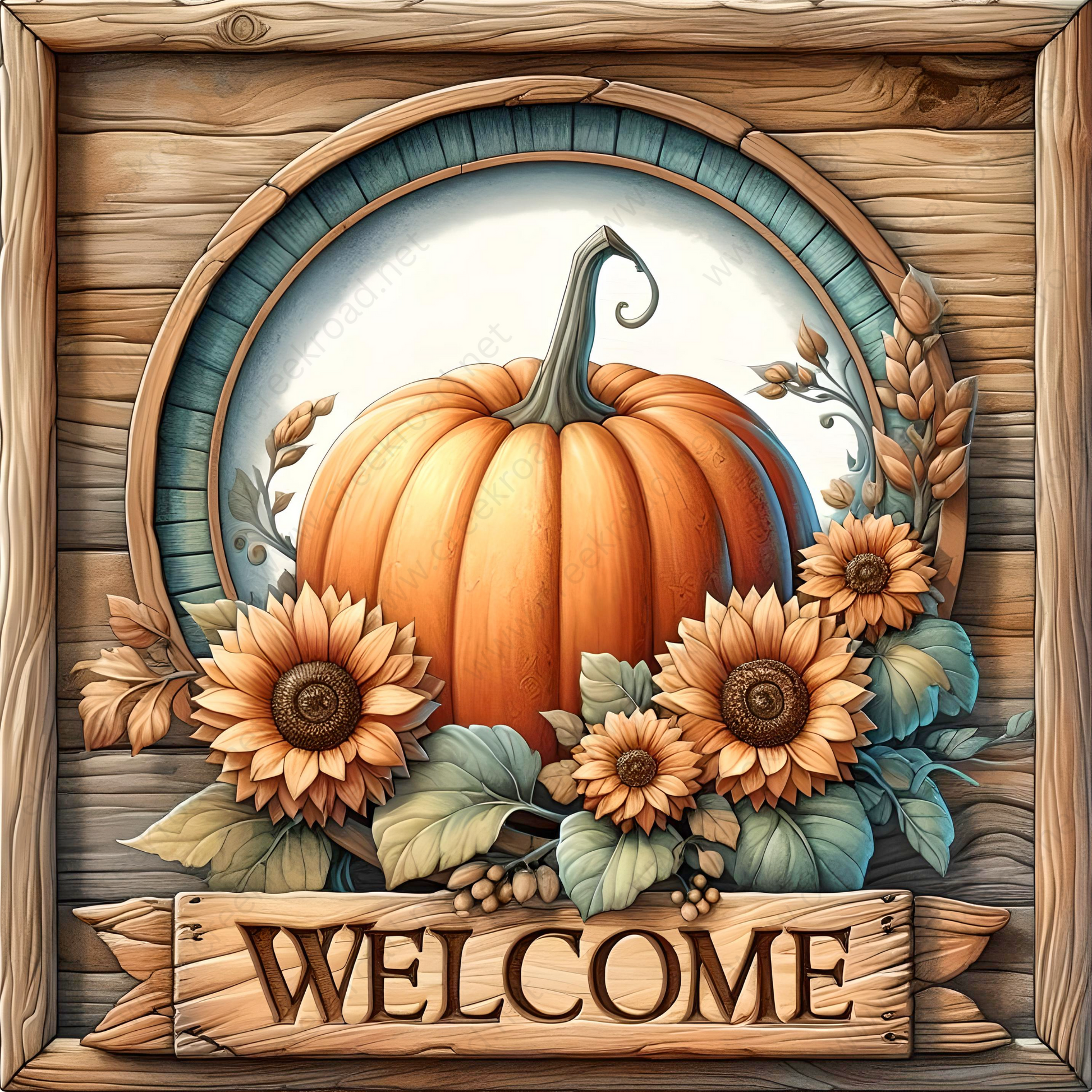 a welcome sign with sunflowers and a pumpkin