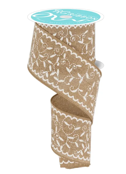 a burlap ribbon with a floral pattern, which is a decorative and textured fabric.