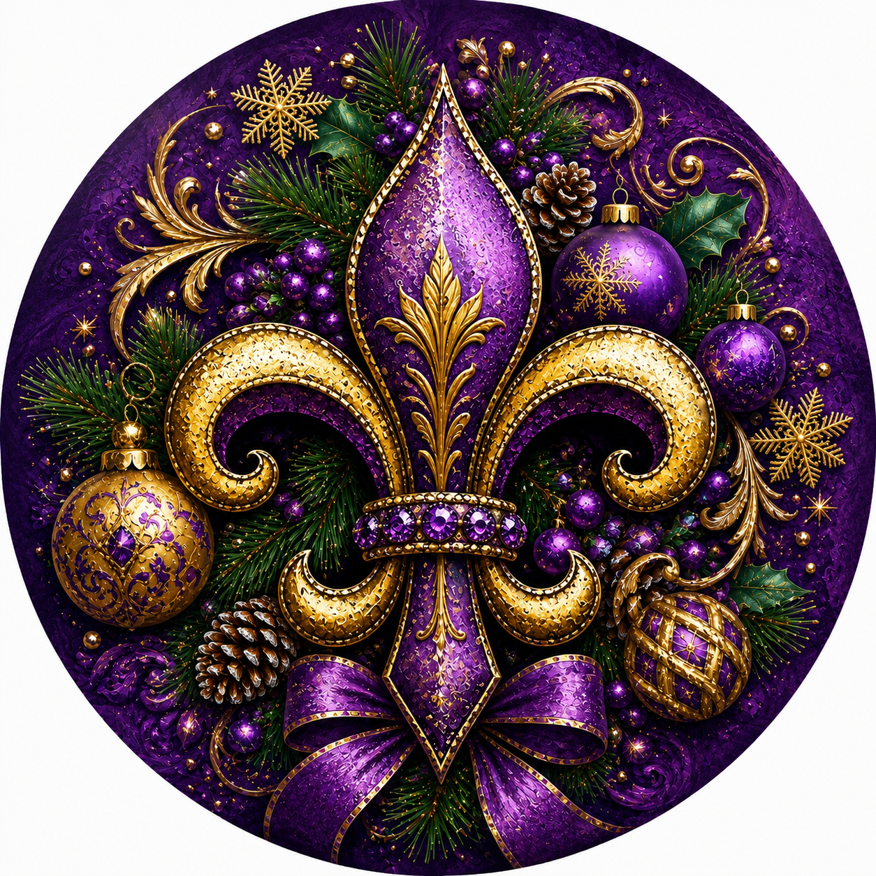 The image is a vibrant and ornate Christmas ornament, featuring a fleur-de-lis design surrounded by various festive elements such as pine cones, berries, and ornaments in shades of purple and gold.