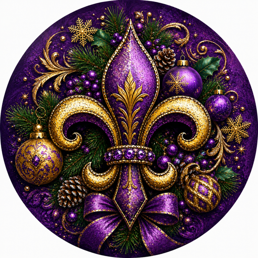 The image is a vibrant and ornate Christmas ornament, featuring a fleur-de-lis design surrounded by various festive elements such as pine cones, berries, and ornaments in shades of purple and gold.