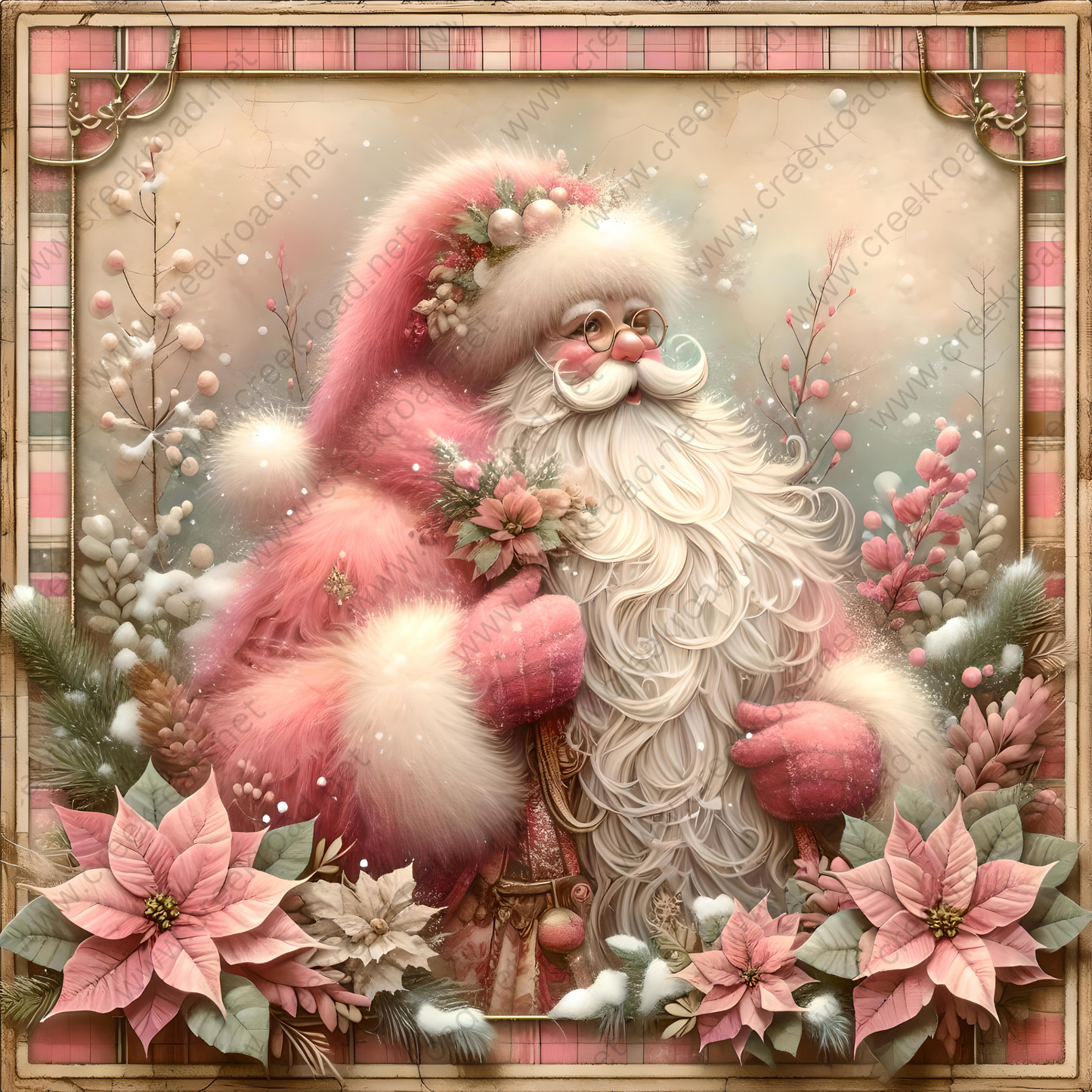 A whimsical illustration of Santa Claus, dressed in a pink and white outfit, surrounded by a lush, snowy landscape filled with poinsettias, pine branches, and other festive elements.