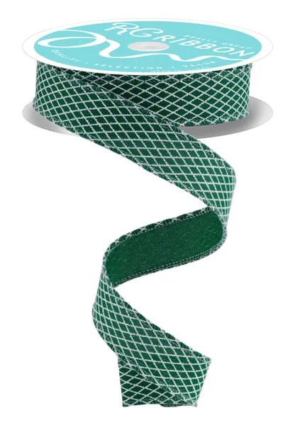 A roll of green and white patterned ribbon with a turquoise label.