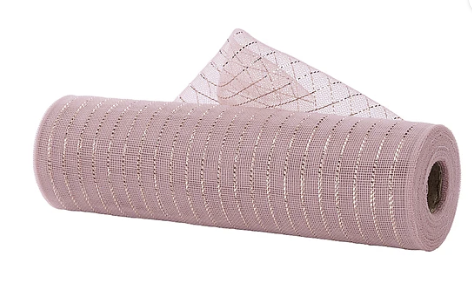 A roll of pink mesh with a grid pattern is shown against a white background.