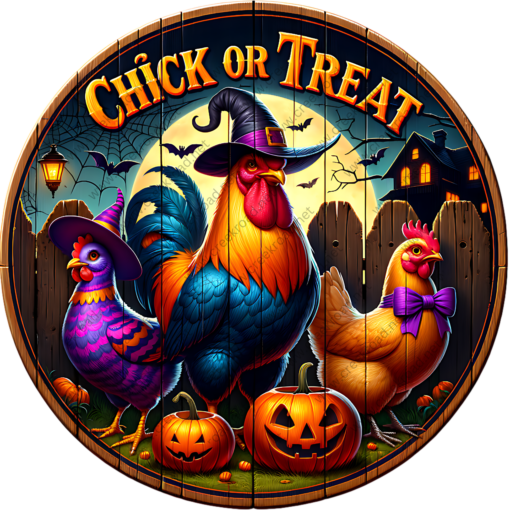 A colorful illustration of a rooster, two chickens, and pumpkins, with a Halloween-themed background featuring bats, a full moon, and a house.