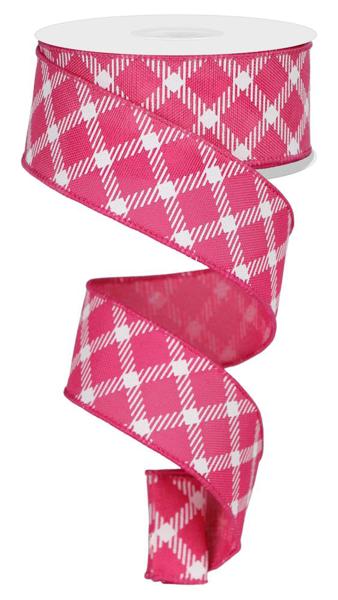 a pink and white checkered ribbon with white dots