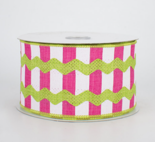 a pink and green striped ribbon on a white background