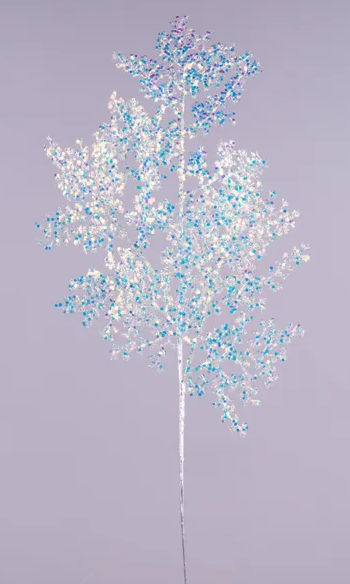 A tall, slender tree with a white stem and branches adorned with small, multicolored beads or sequins, creating a visually striking and intricate design.