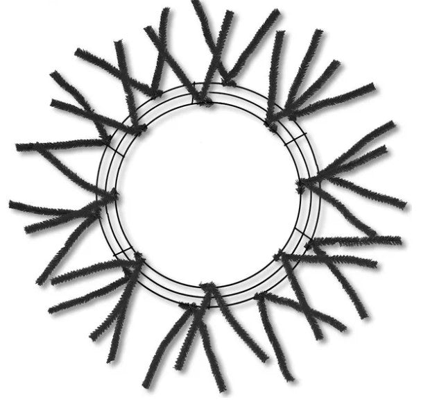 A circular frame made of black wire branches arranged in a radial pattern.