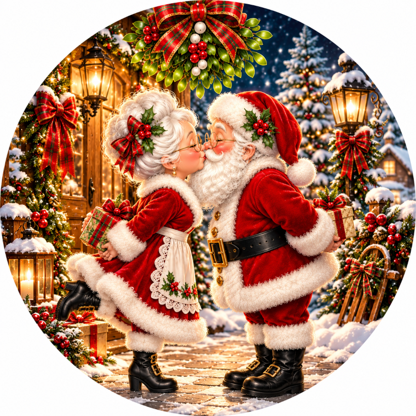 Santa Claus and his reindeer are kissing in a snowy winter landscape, surrounded by Christmas decorations and gifts.