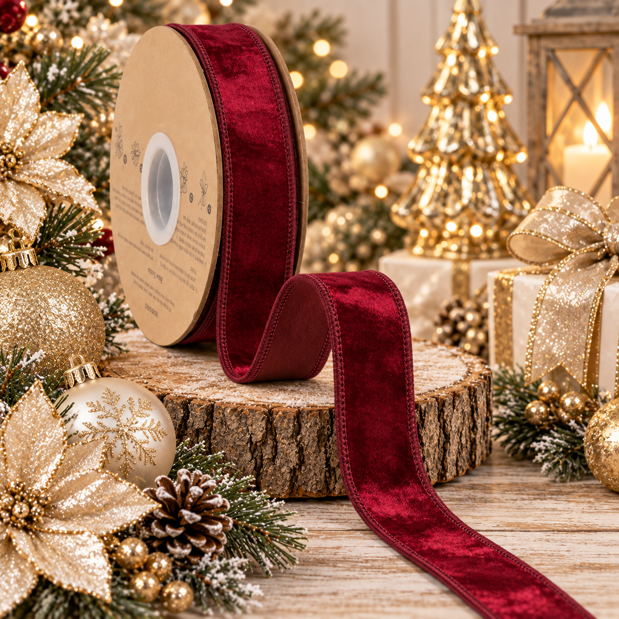 a red velvet ribbon, a Christmas tree, and various ornaments, including gold and white ornaments, pine cones, and a snowflake ornament, all arranged on a wooden surface.