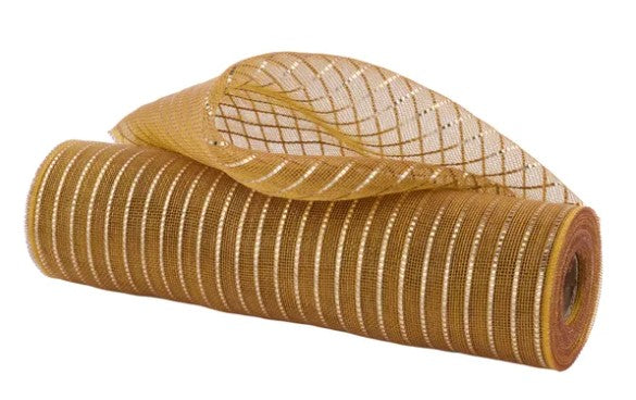 A roll of gold and white striped mesh material.