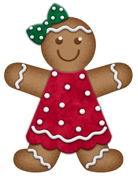 a gingerbread girl with a green bow on her head