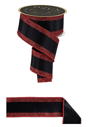 a black and red ribbon with a metallic glitter trim.
