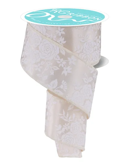 A roll of white floral-patterned ribbon with a turquoise label.