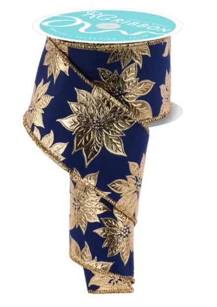 A roll of blue and gold metallic ribbon with a gold floral pattern.