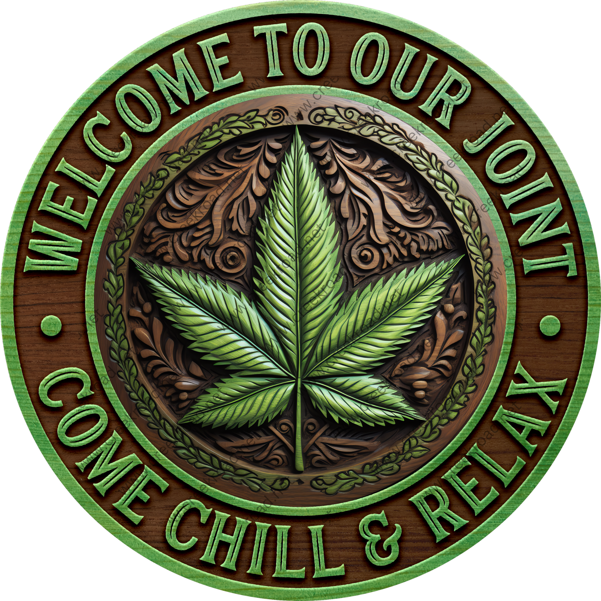 a wooden sign with a marijuana leaf on it