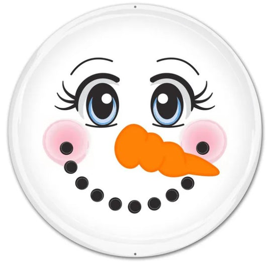 A snowman face with large blue eyes, a pink nose, and an orange carrot, all set against a white background.