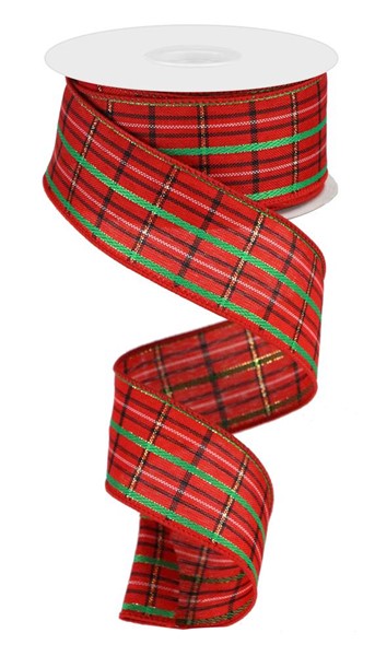 a roll of red and green plaid ribbon