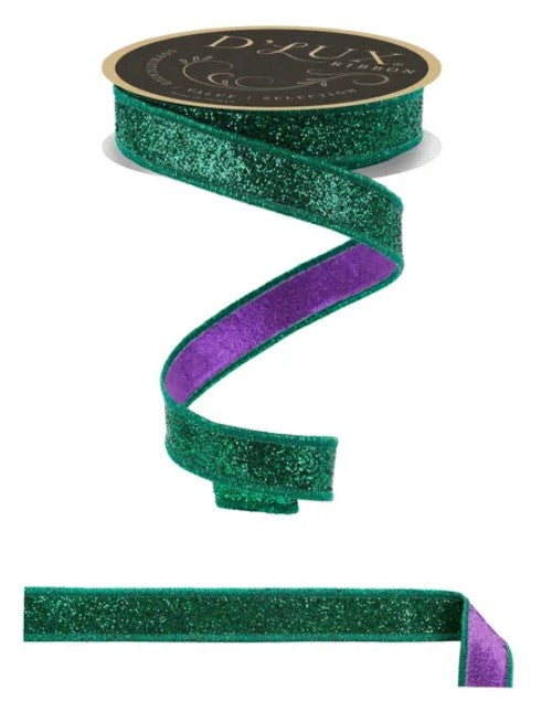 a roll of green glitter ribbon with a purple stripe.