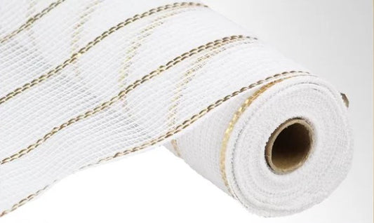 A close-up view of a white, gold, and white fabric roll with a gold-colored ribbon or string.