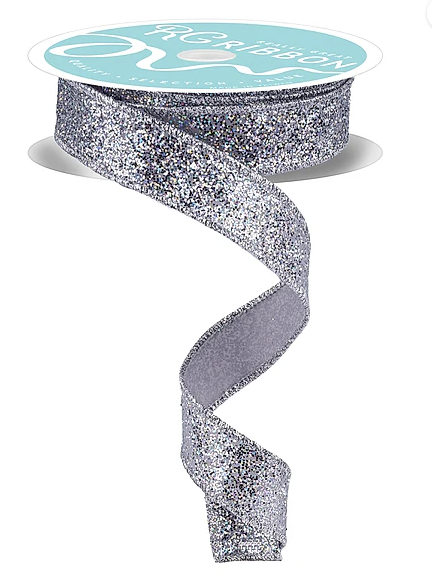 a roll of silver glitter ribbon on a white background