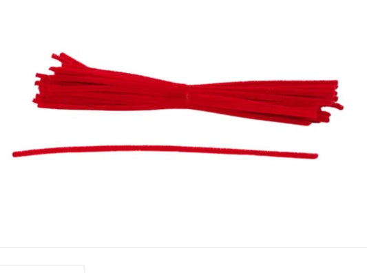 A bundle of red pipe cleaners is shown against a white background.