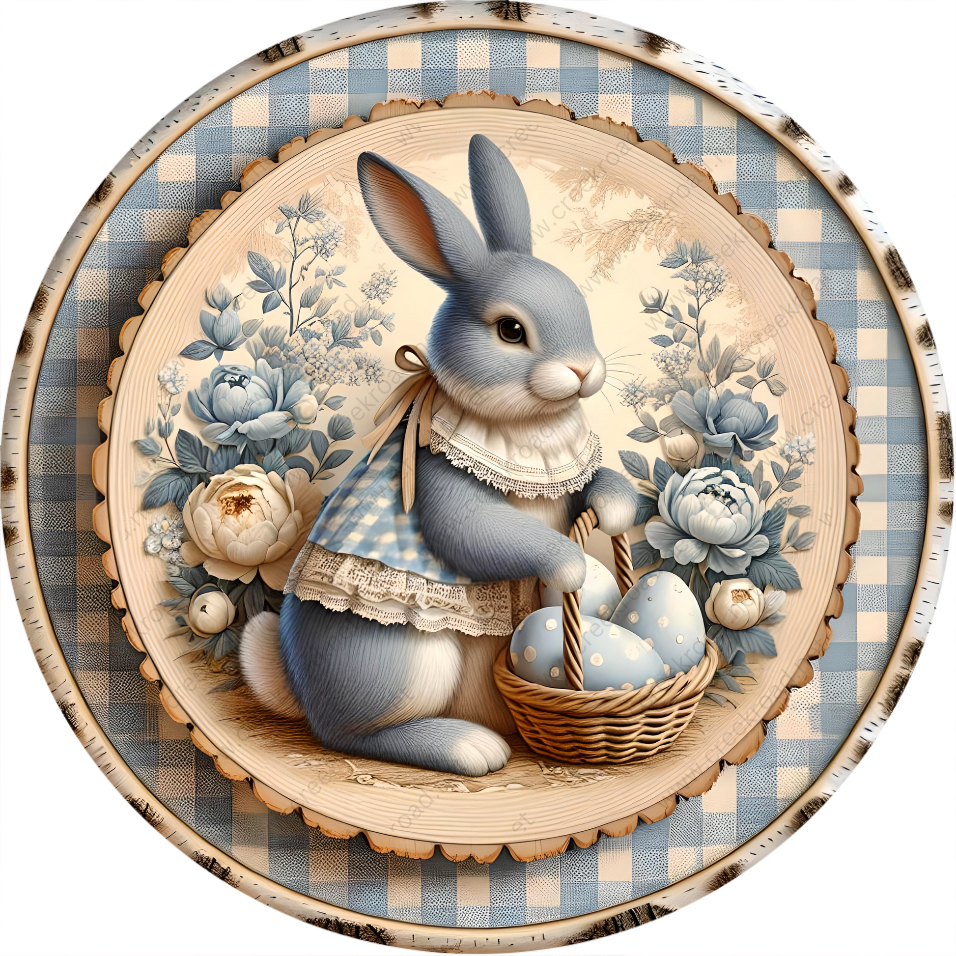 a blue and white plate with a rabbit holding a basket of eggs