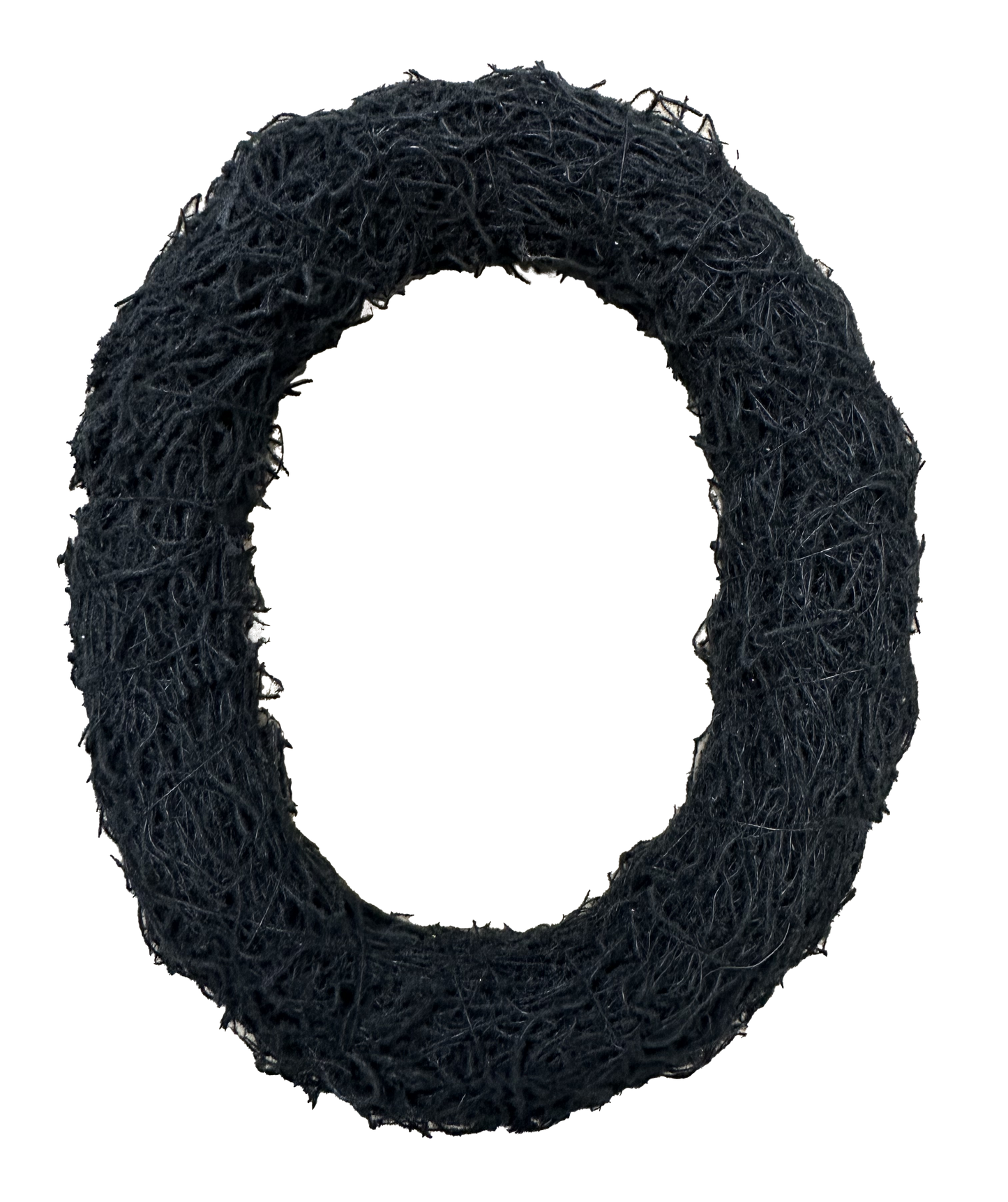 A black wreath made of twisted yarn or thread, with a white center.