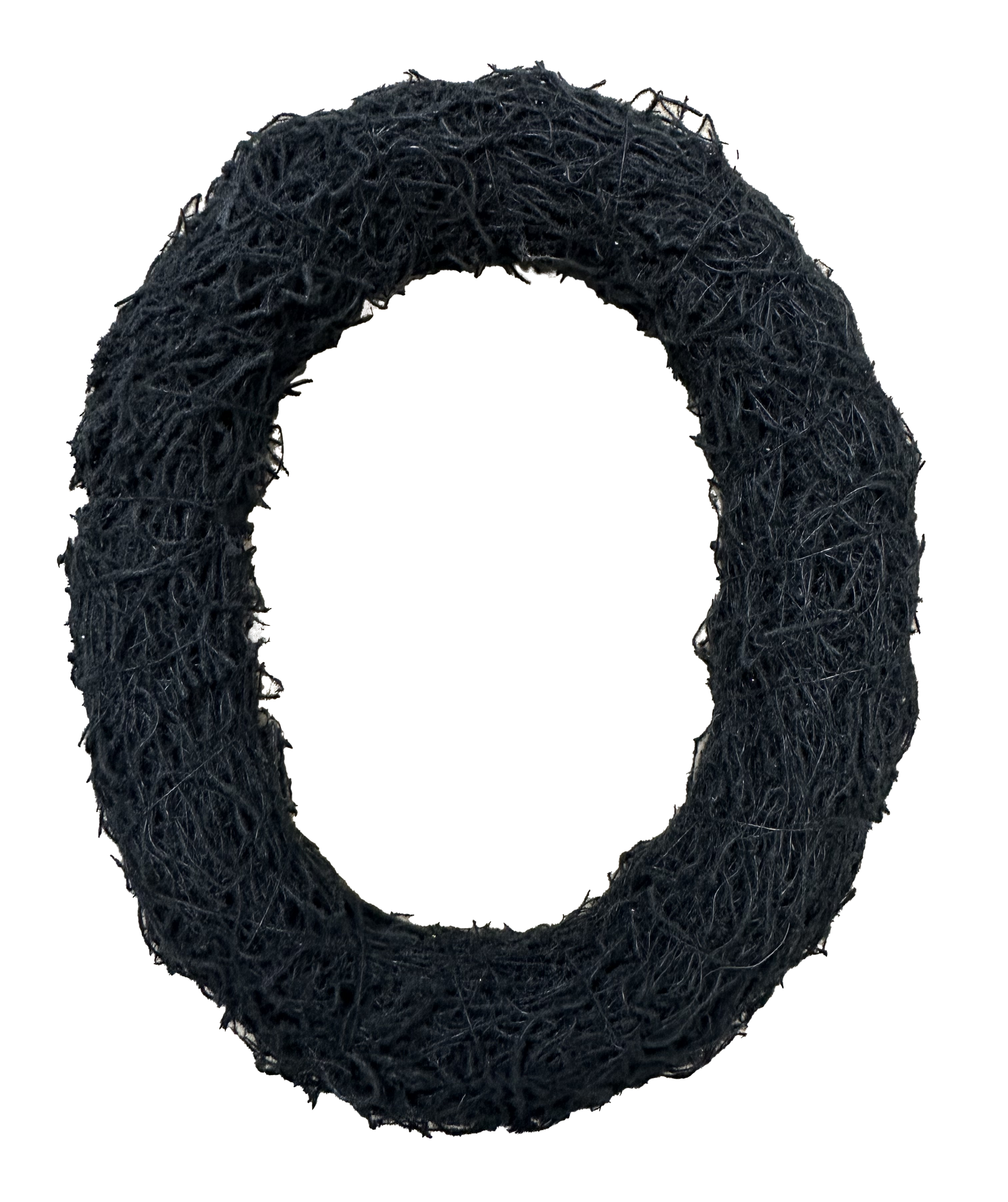 A black wreath made of twisted yarn or thread, with a white center.