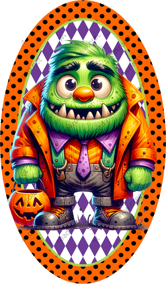 a picture of a green monster wearing a purple and orange jacket