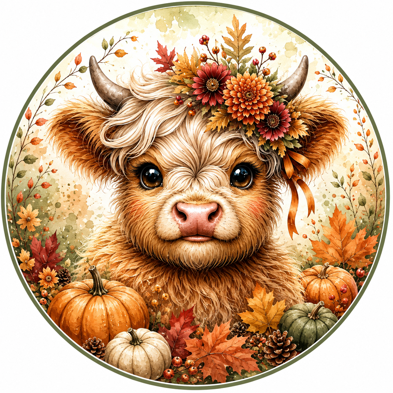 A close-up portrait of a cow adorned with a floral headpiece, surrounded by autumnal elements such as pumpkins, gourds, and leaves.