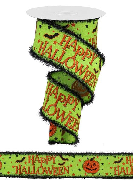 a green halloween ribbon with happy halloween written on it