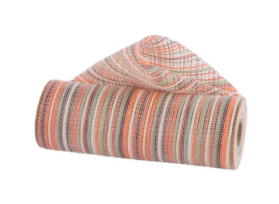 A roll of multicolored, striped fabric or material with a pattern of orange, green, and white stripes.
