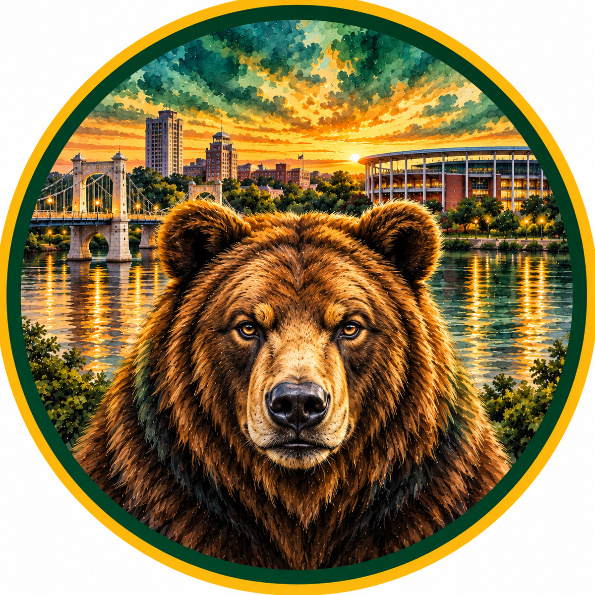 A close-up portrait of a brown bear with a city skyline in the background, set against a colorful sunset sky.