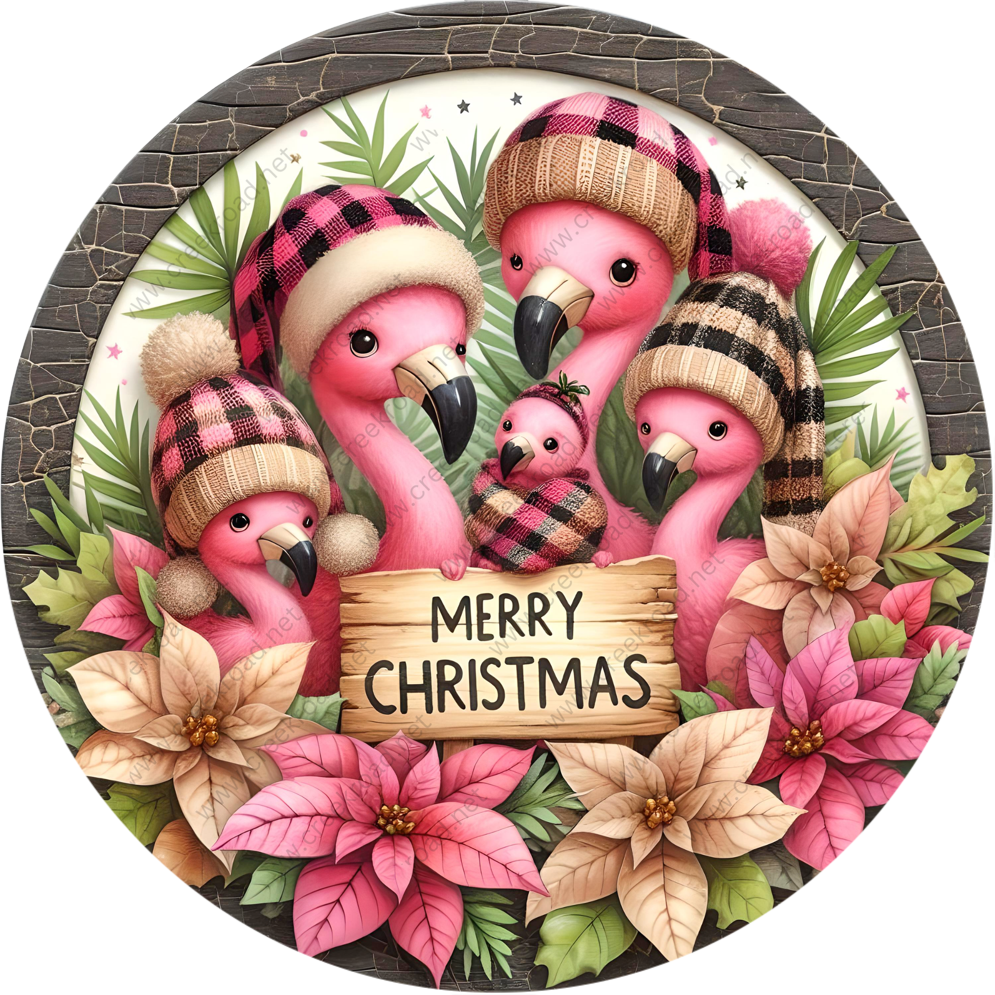 A group of pink flamingos wearing festive hats and a wooden sign that says "Merry Christmas" surrounded by colorful flowers and greenery.