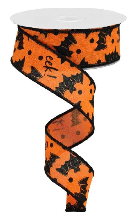 A spiral-shaped orange and black bat-themed ribbon with the word "Eek!" printed on it.