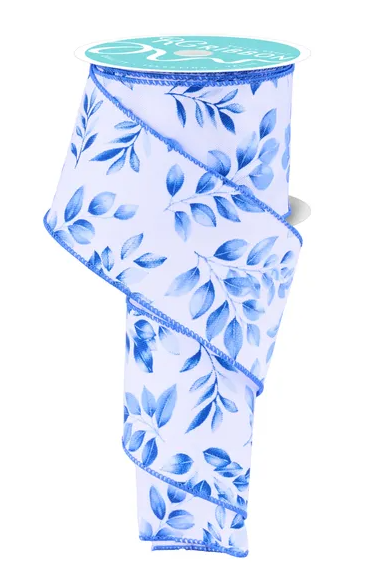 A blue and white floral patterned ribbon is shown against a white background.