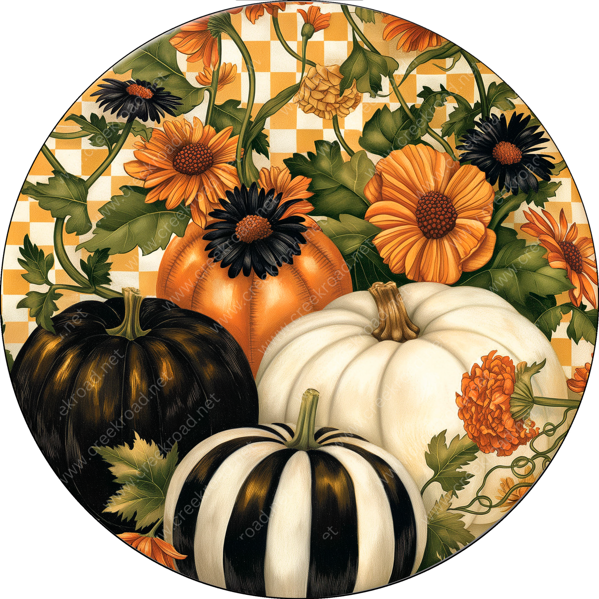 a painting of pumpkins and sunflowers on a checkered background