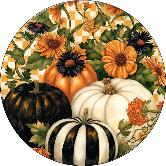 a painting of pumpkins and sunflowers on a checkered background