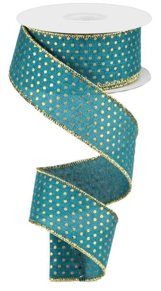 a roll of blue and gold polka dot ribbon