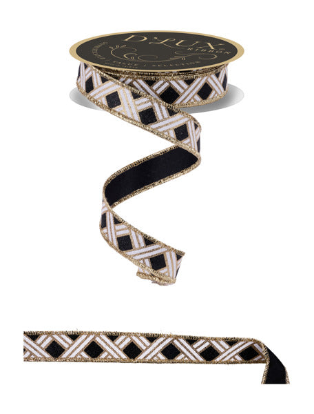 A black and white diamond-patterned ribbon with gold trim, and a gold-colored spool of the same ribbon.