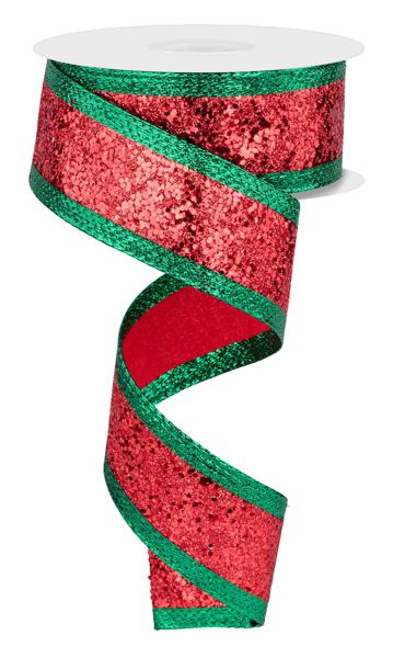 a roll of red and green glitter ribbon