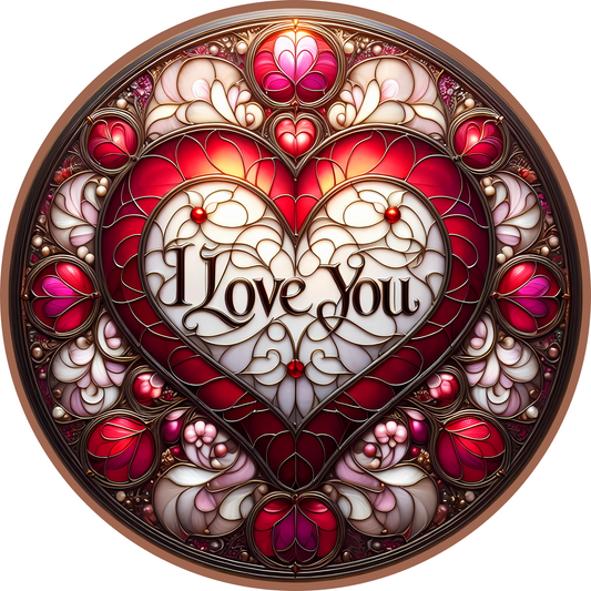 a stained glass heart with the words i love you