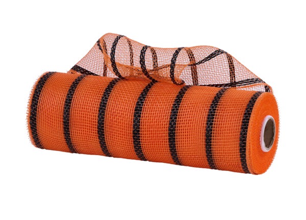 An orange and black striped mesh is rolled up and secured with a black plastic loop.